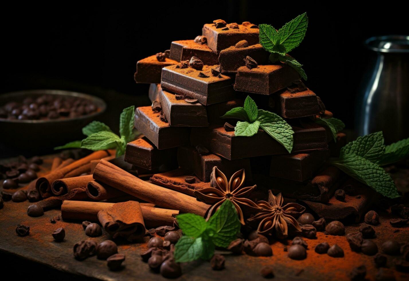 AI generated chocolate, cloves, mint, and spices photo