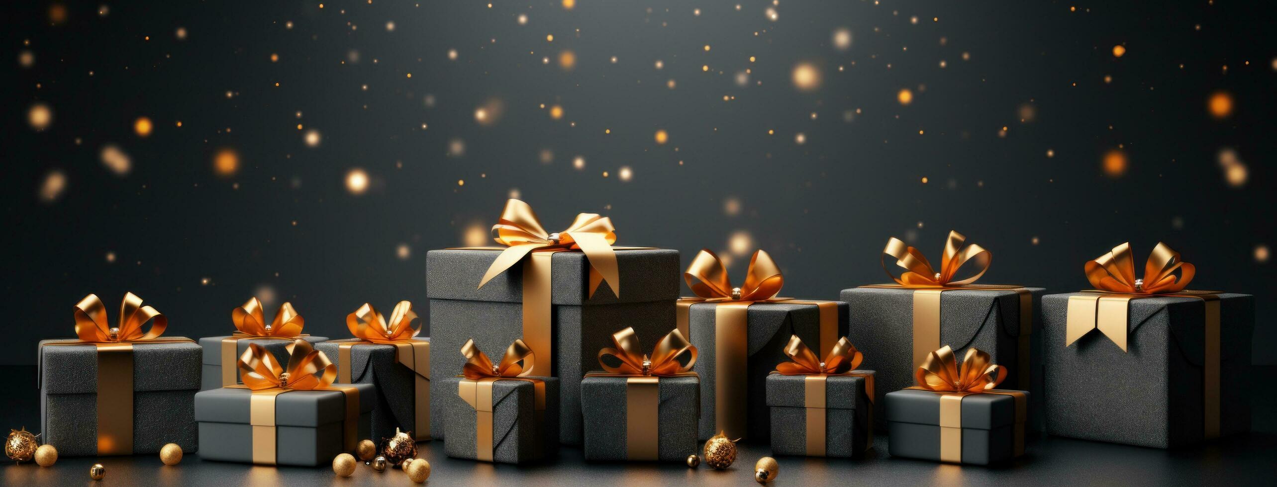 AI generated christmas gifts on grey background with light bouncing photo