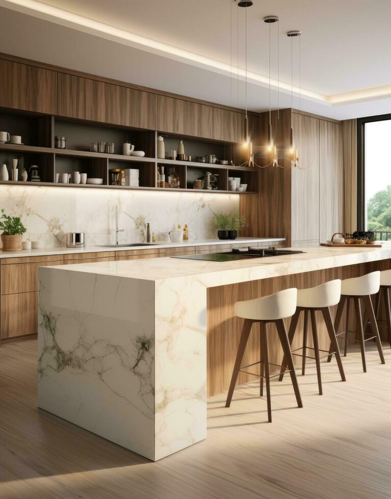 AI generated a modern kitchen with walnut and wooden cabinetry photo