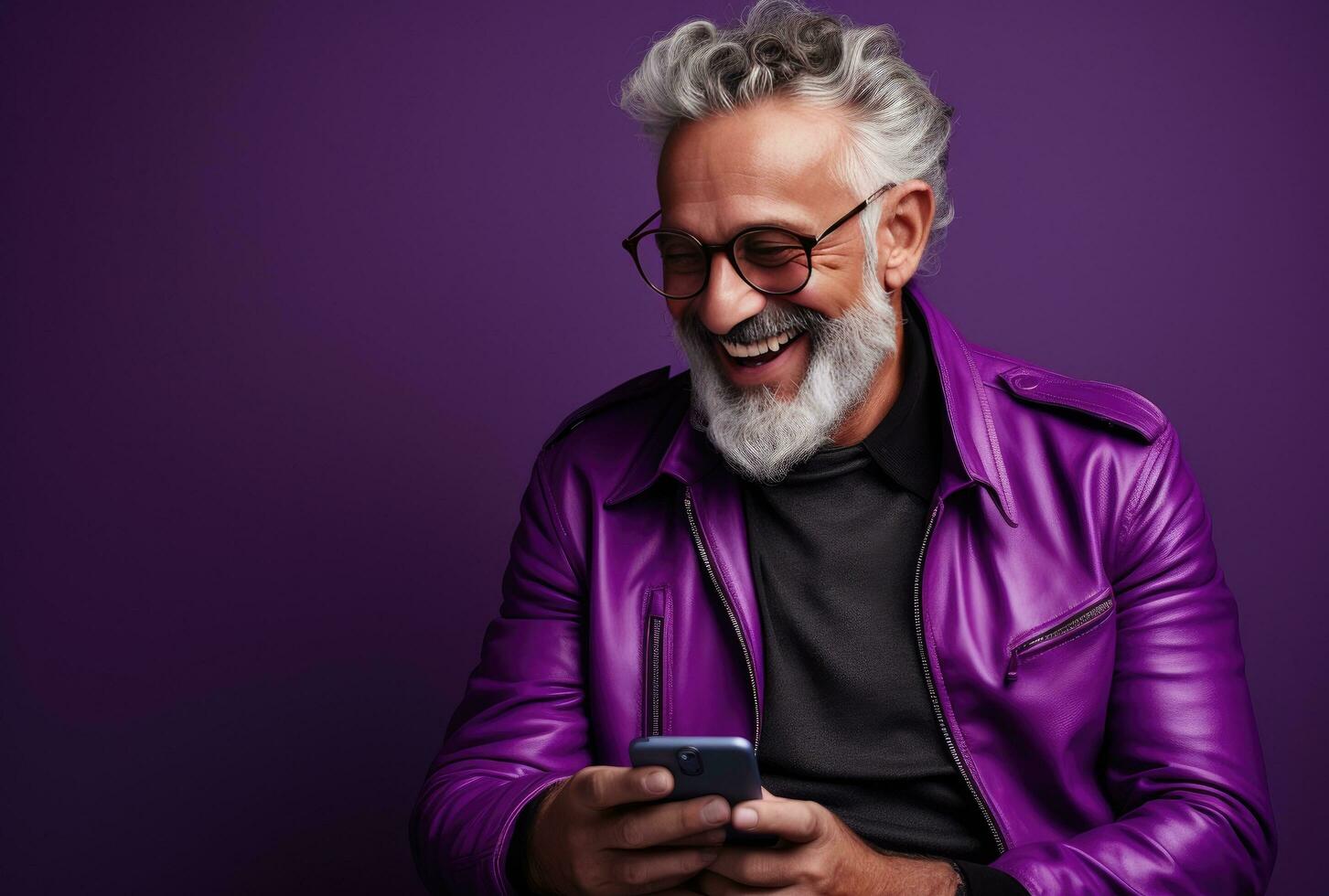 AI generated a man wearing glasses using his phone on purple background photo