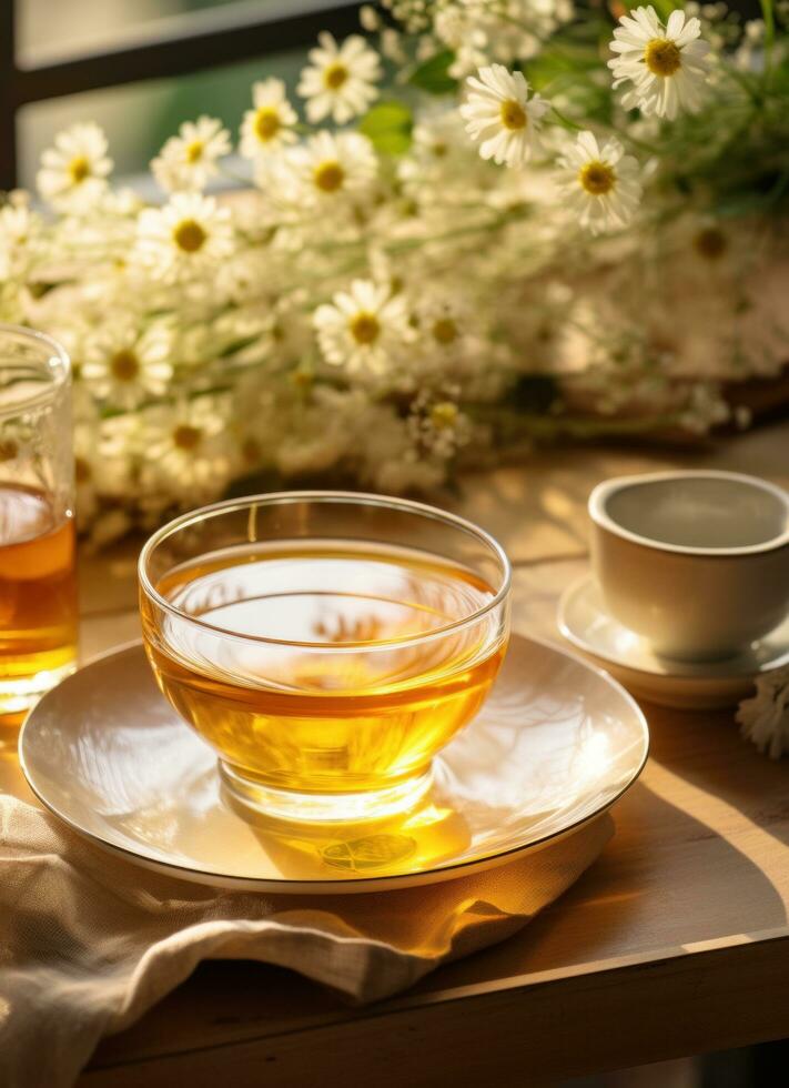 ai generado manzanilla té y flores en el mesa foto