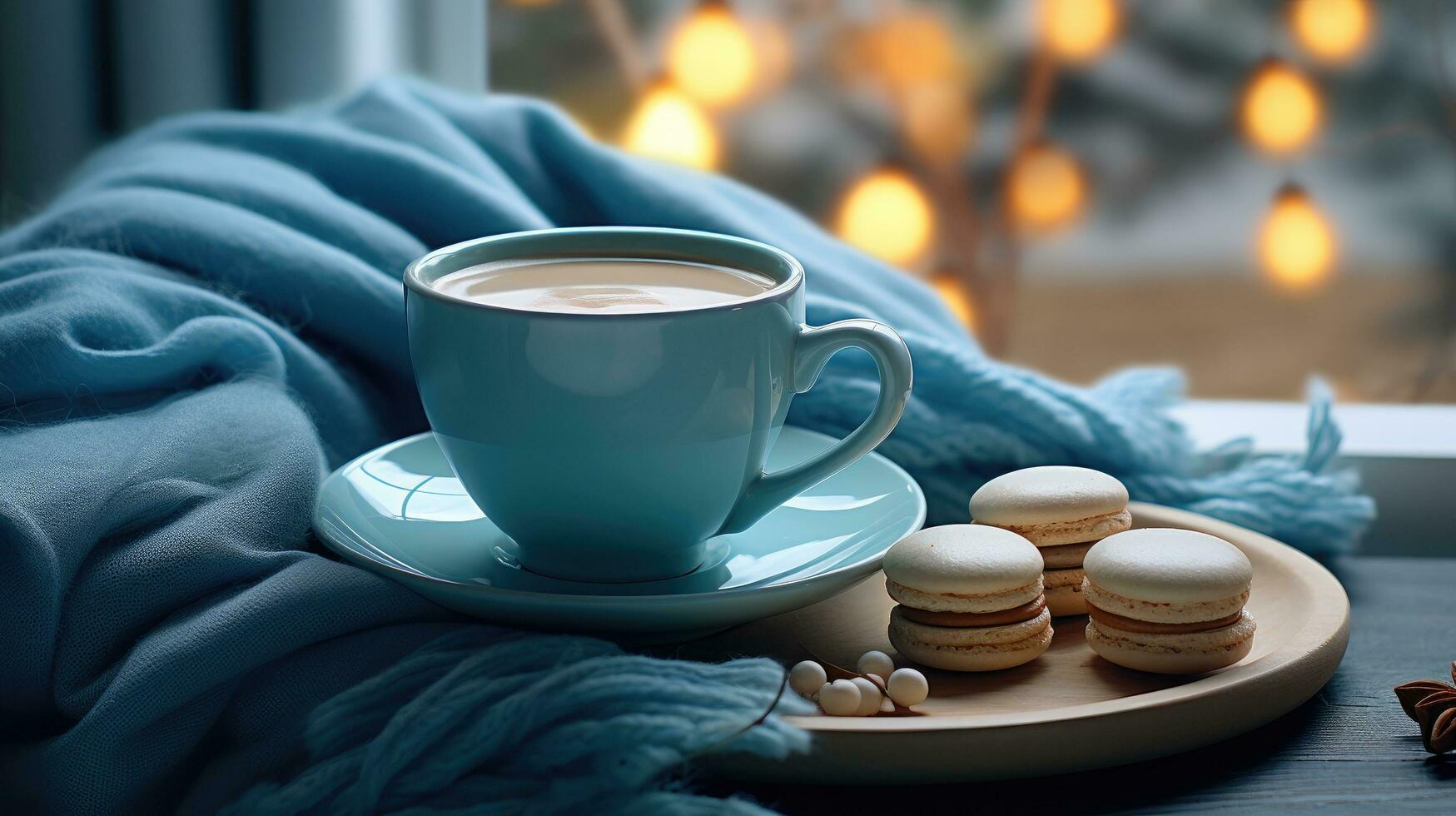 AI generated a cup of latte by a fireplace with cookies photo