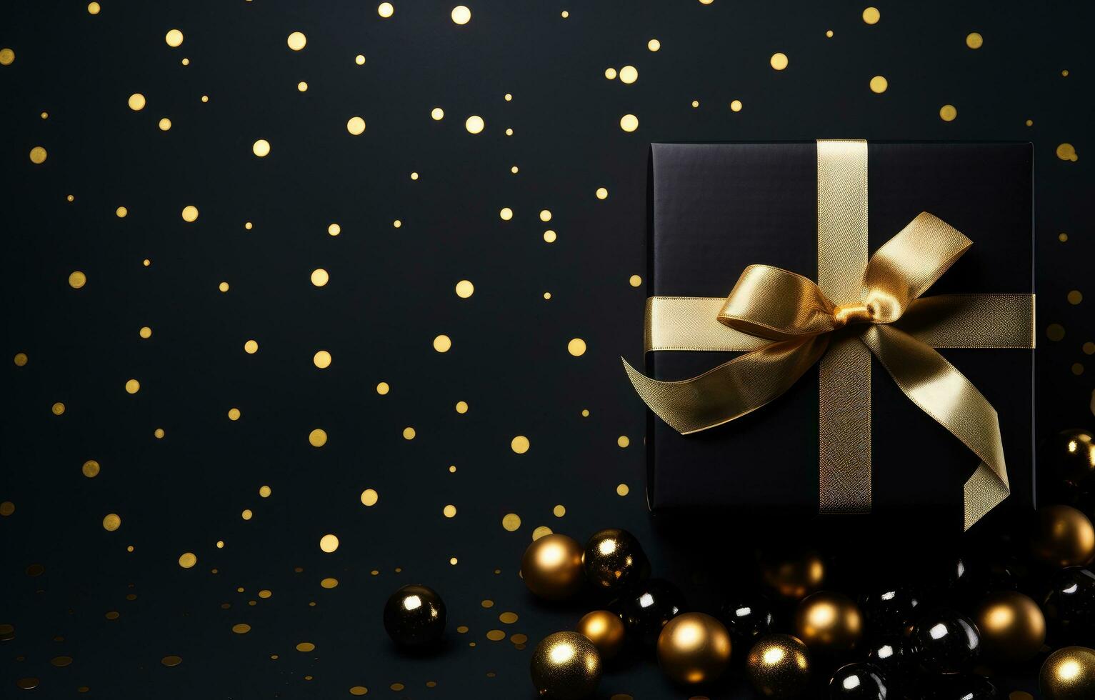 AI generated a gift box with gold balls and ribbon on a festive background photo