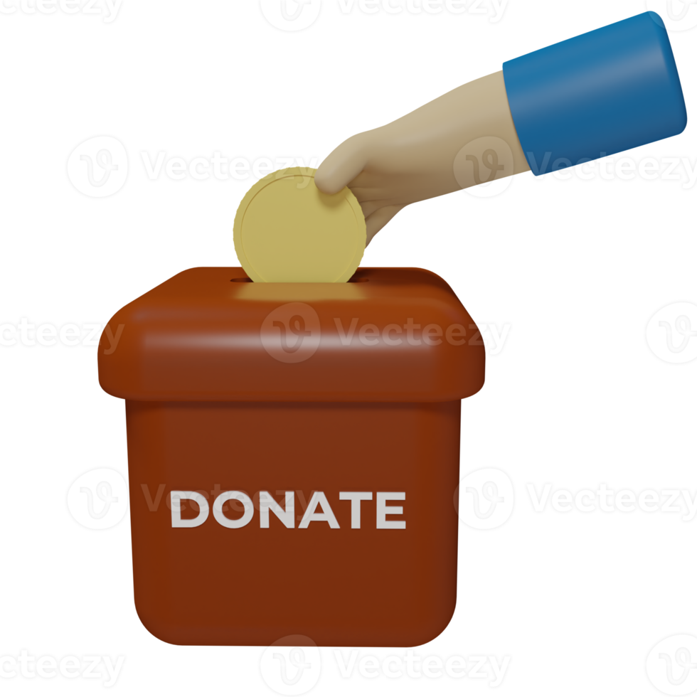 3D rendering of an icon of a hand holding a coin and a box that says donate png