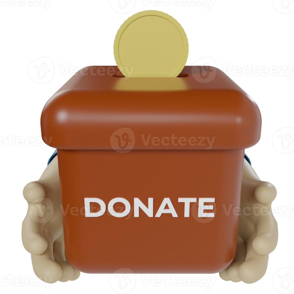3d render of hand holding charity box and coins. illustration concept of asking for donations via mobile and web applications png