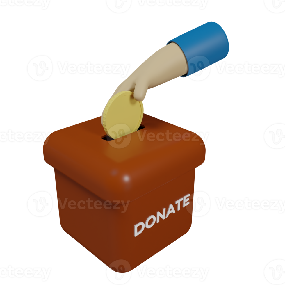 3D rendering of an icon of a hand holding a coin and a box that says donate png