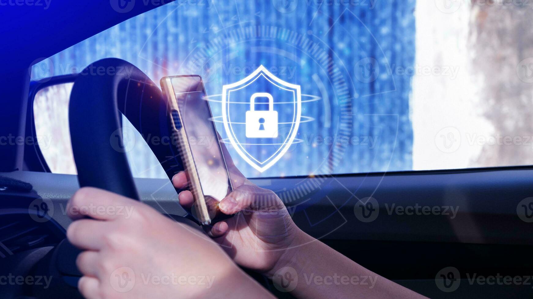 Woman driver holding smartphone with shield protection icon in car, Security shield Lock Security, Protect Concept display, secure and safe your data concept photo