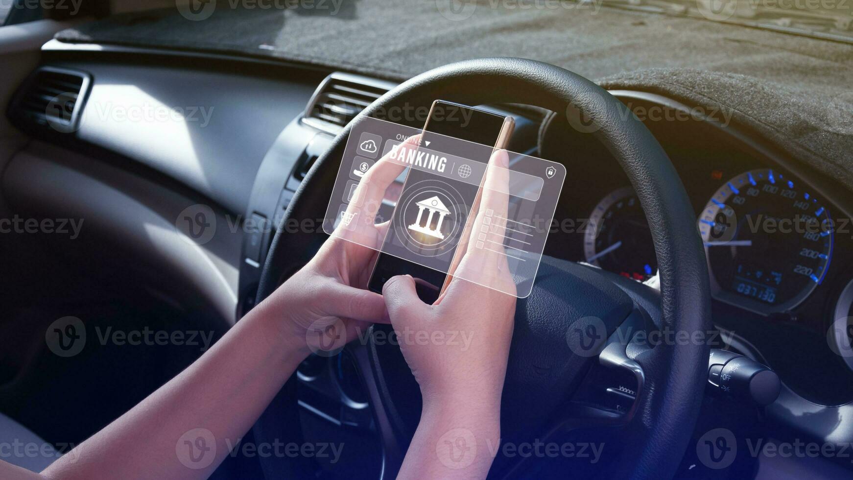 Woman using touches online banking and network connection icons on smartphone in car, online payment icons on virtual screen, Internet Online Banking Pay Concept. photo