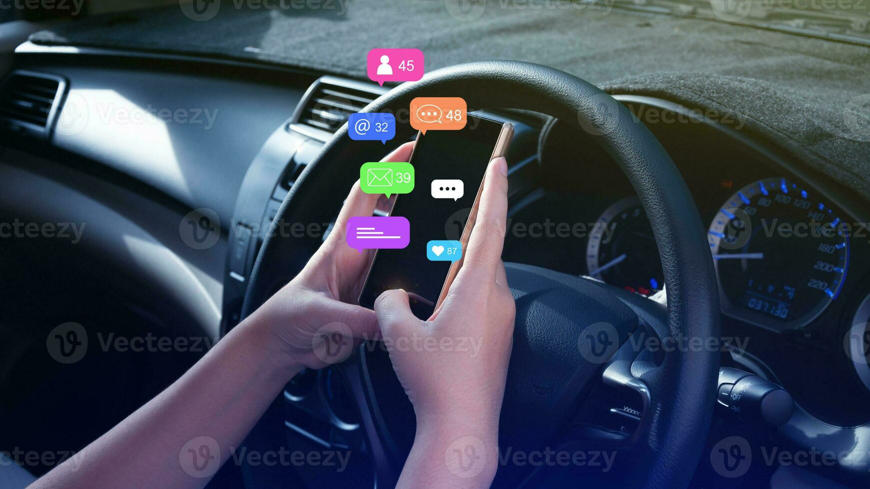 Woman using social media and digital online marketing concepts on mobile phones with icons such as notifications, messages, comments on the smartphone screen in car. photo
