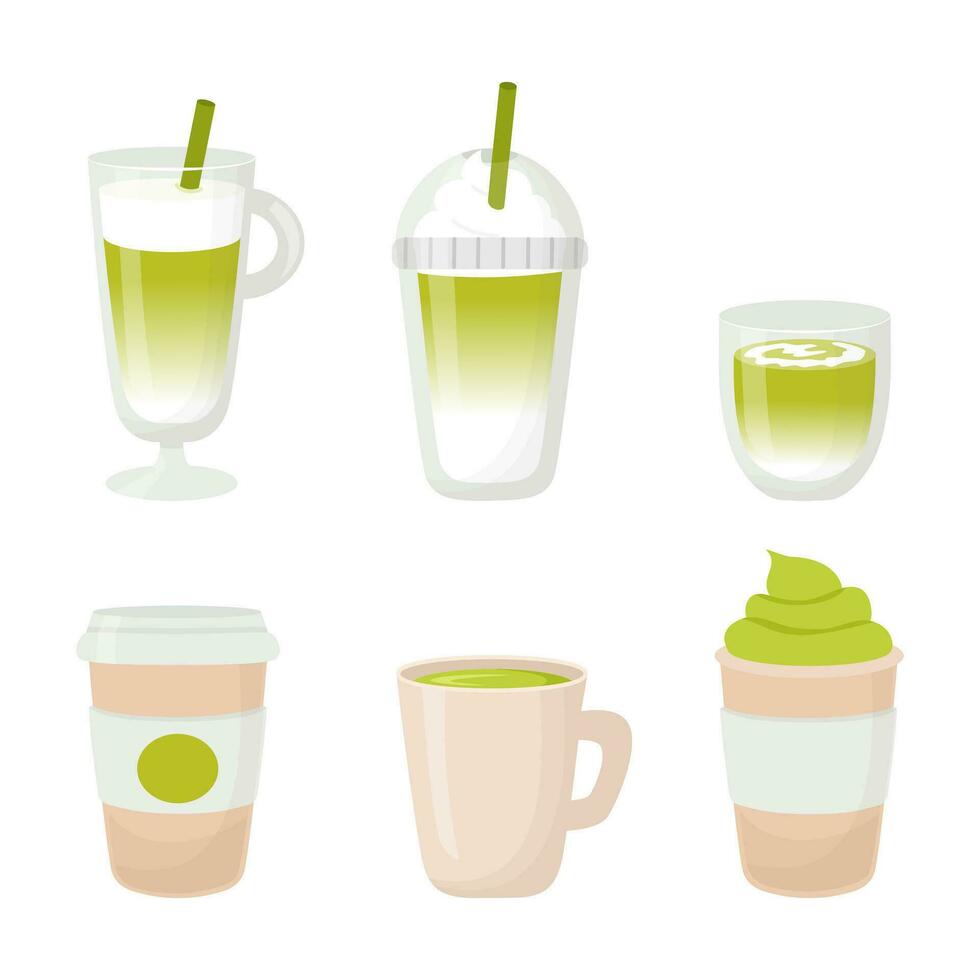 Matcha latte. Set of matcha drinks, iced, mug, take away cup in flat style. vector