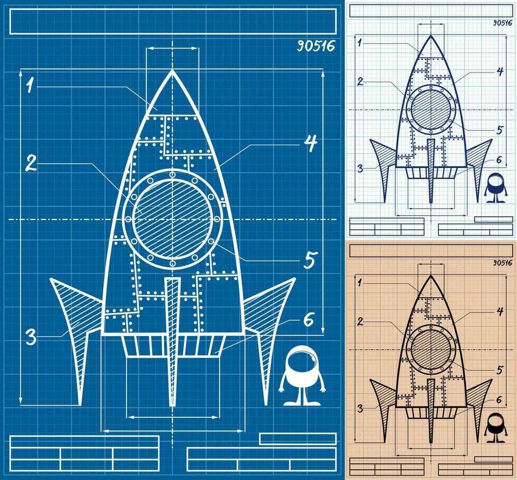 Rocket Blueprint Cartoon Set vector