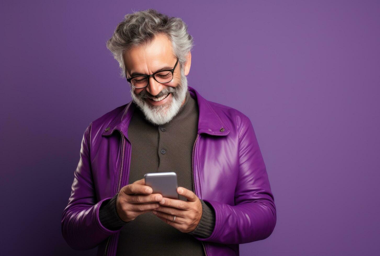 ai generado mayor hombre utilizando Teléfono móvil en un púrpura suéter en contra un púrpura antecedentes foto