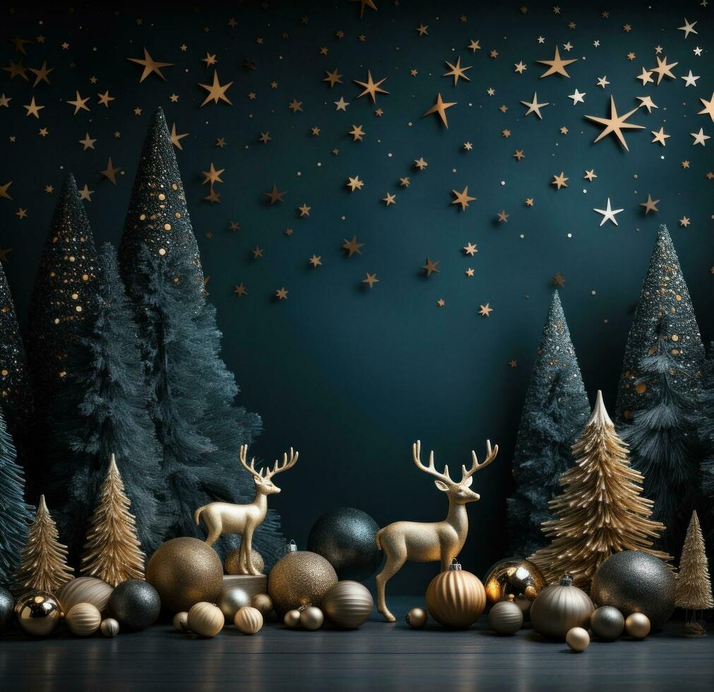 AI generated christmas holiday background with balls, reindeer, christmas lights, ornaments and stars photo
