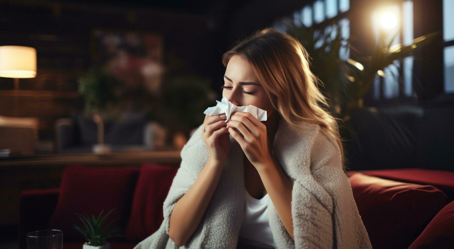 AI generated female young woman sneezing with white allergy nasal tissue on a couch photo