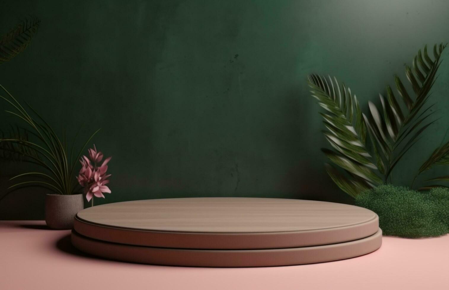 AI generated empty round wooden platform with green plants photo