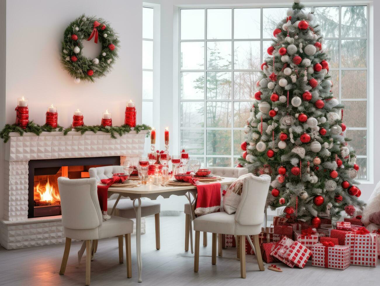 AI generated Room interior with festive Christmas tree and decorations - generative ai photo