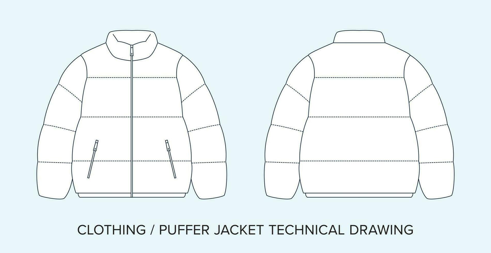 Puffer Jacket, Technical Drawing, Apparel Blueprint for Fashion Designers vector