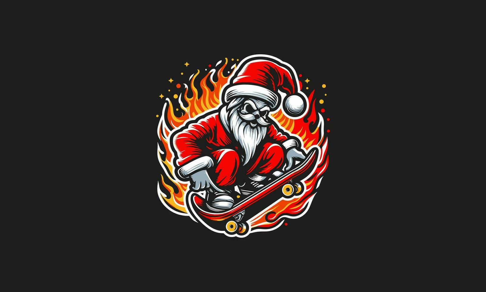 santa playing skateboard background flames vector flat design