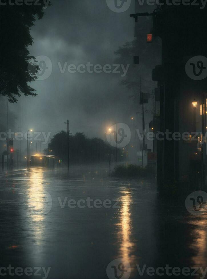 AI generated rain on the street photo