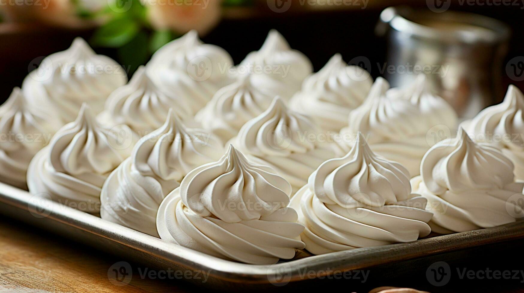 AI Generated Close-up of white meringues lying on a baking tray photo
