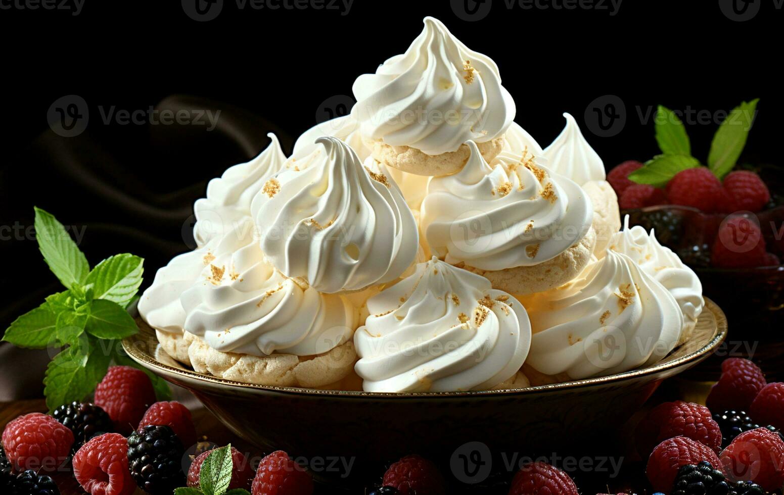 AI Generated white meringue close-up on a brown plate around which raspberries and blackberries and leaves are washed photo