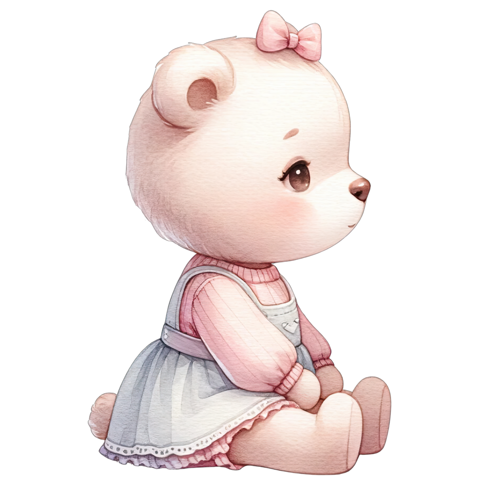 ai gerado aguarela criança pequena menina Urso vestindo fofa Rosa pastel vestir png