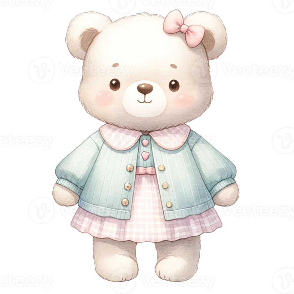 ai généré aquarelle bambin fille ours portant mignonne rose pastel robe png