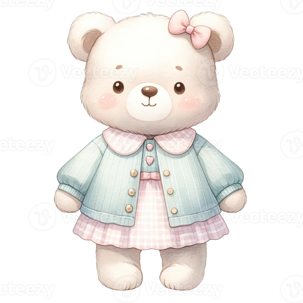 ai gerado aguarela criança pequena menina Urso vestindo fofa Rosa pastel vestir png