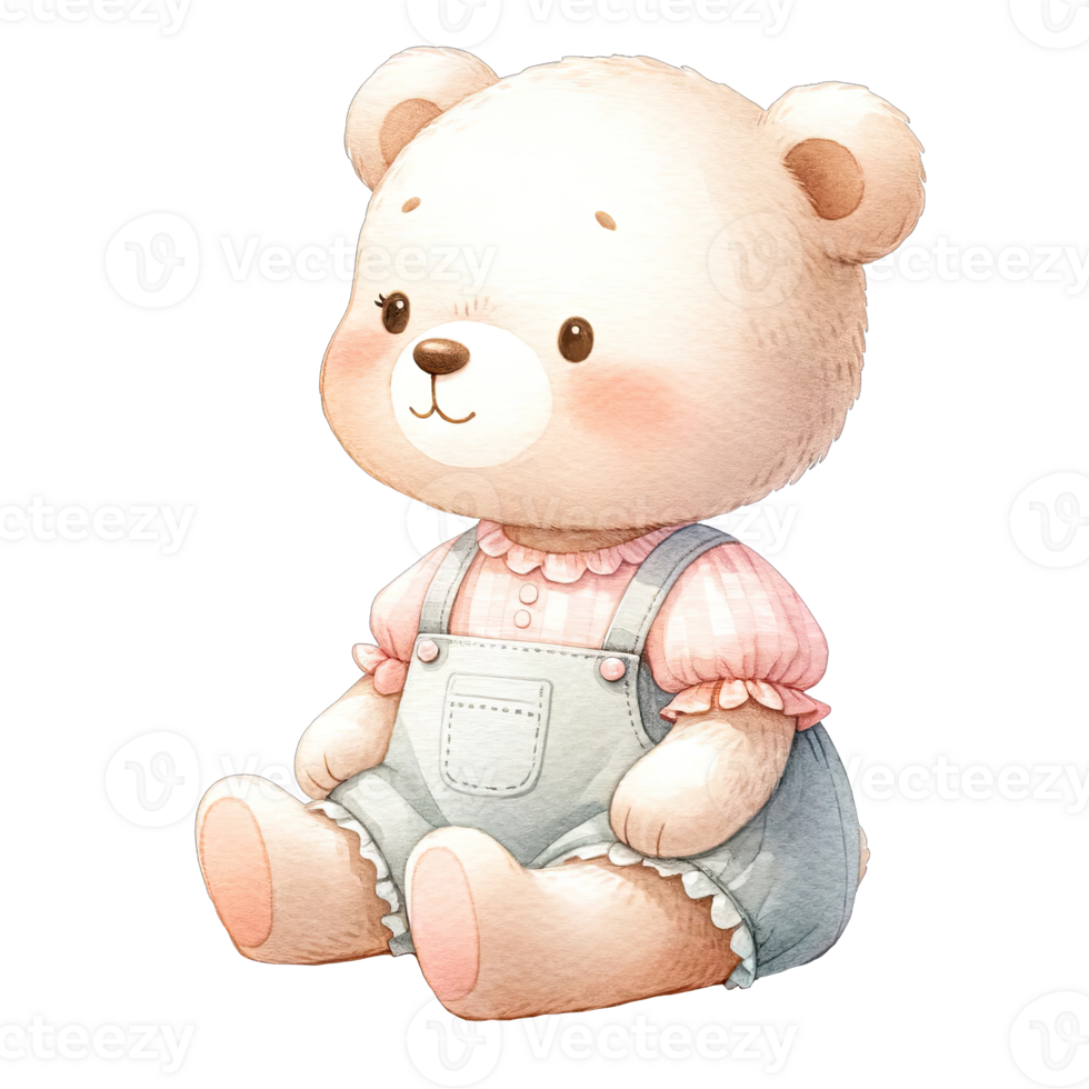 ai gerado aguarela criança pequena menina Urso vestindo fofa Rosa pastel vestir png