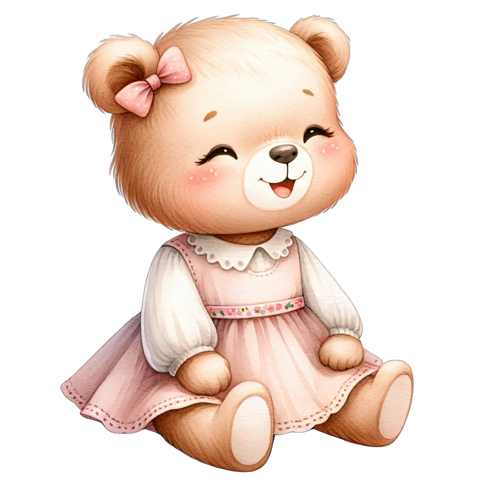 ai gerado aguarela criança pequena menina Urso vestindo fofa Rosa pastel vestir png