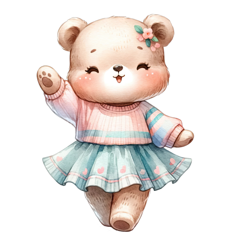 AI generated Watercolor toddler girl bear wearing cute pink pastel dress png