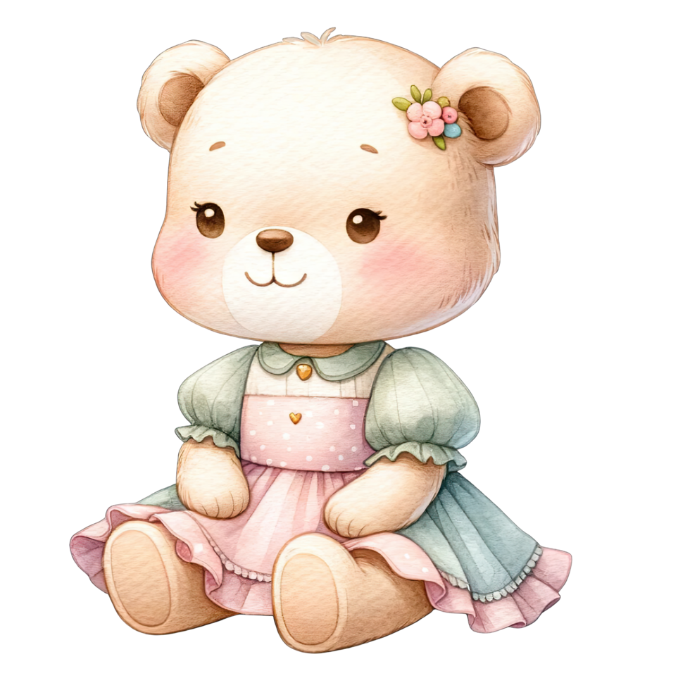 AI generated Watercolor toddler girl bear wearing cute pink pastel dress png