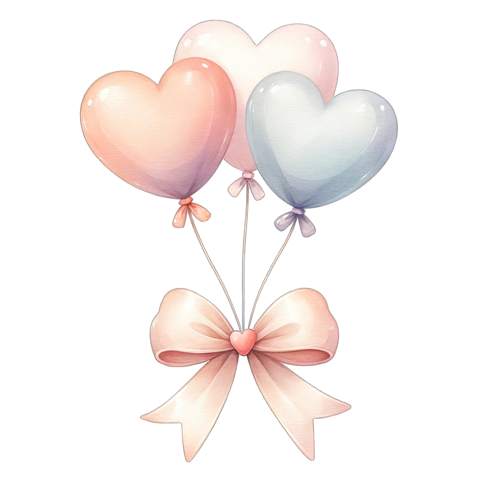 AI generated Watercolor heart shaped pastel balloons tied with bow png