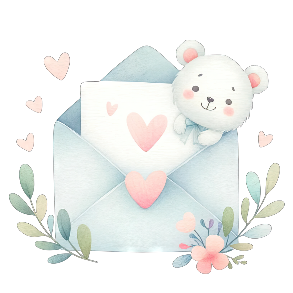 AI generated Watercolor love letter decorated with pastel bear and hearts for Valentines png