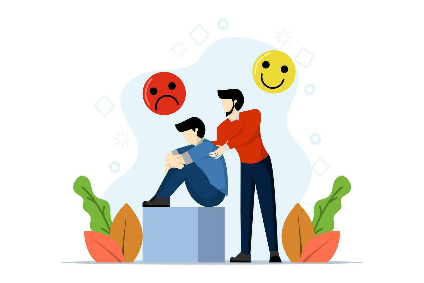 concept of character support to a friend who is depressed, keeping palm on his shoulder. people feel stress, loneliness, anxiety. Vector illustration for counseling, empathy, psychotherapy, friendship