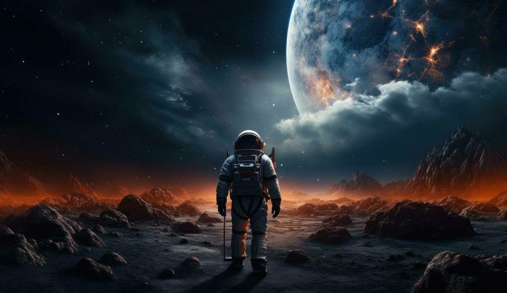 AI generated an astronaut walks in the middle of the earth photo