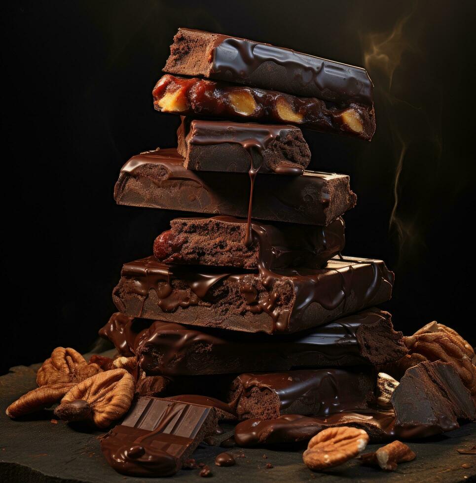 AI generated a stack of chocolate bars with nuts on top photo