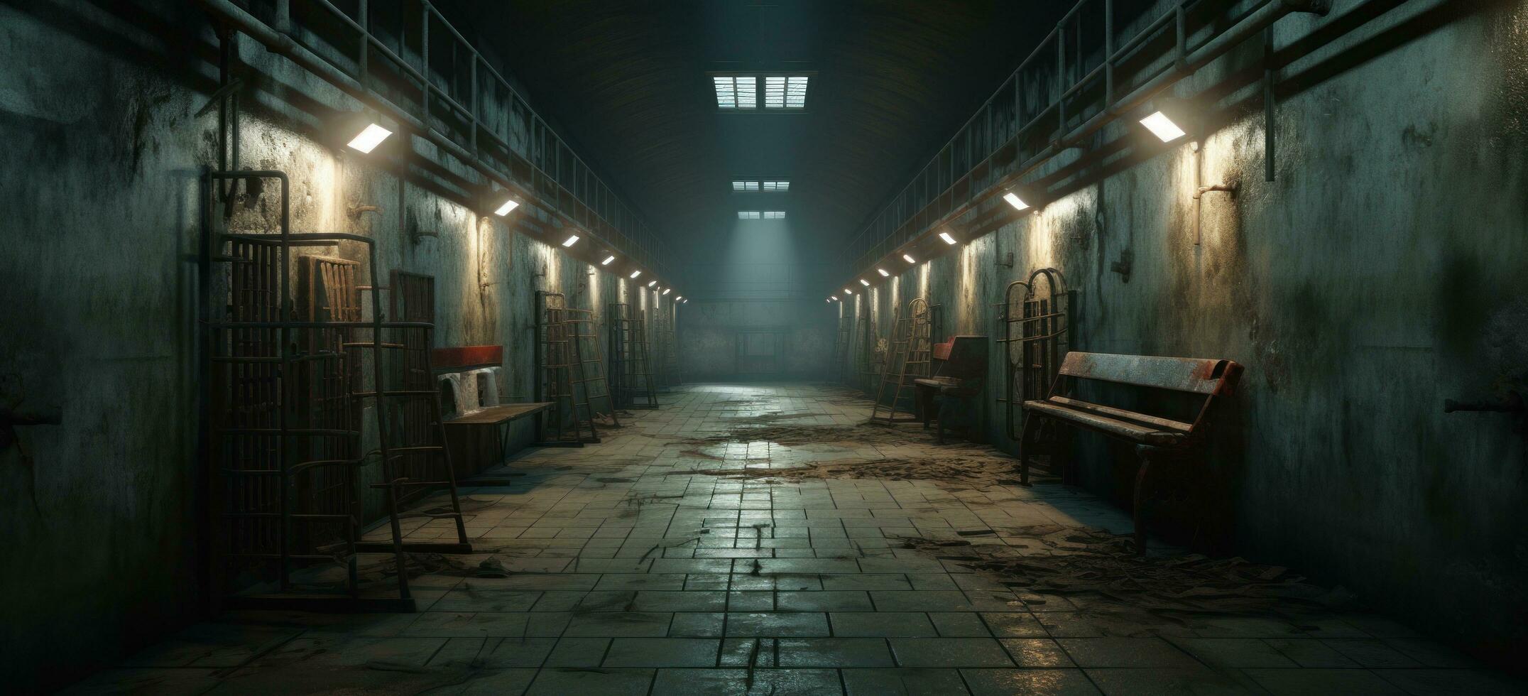 AI generated an empty prison cell with lights on it in a hallway photo