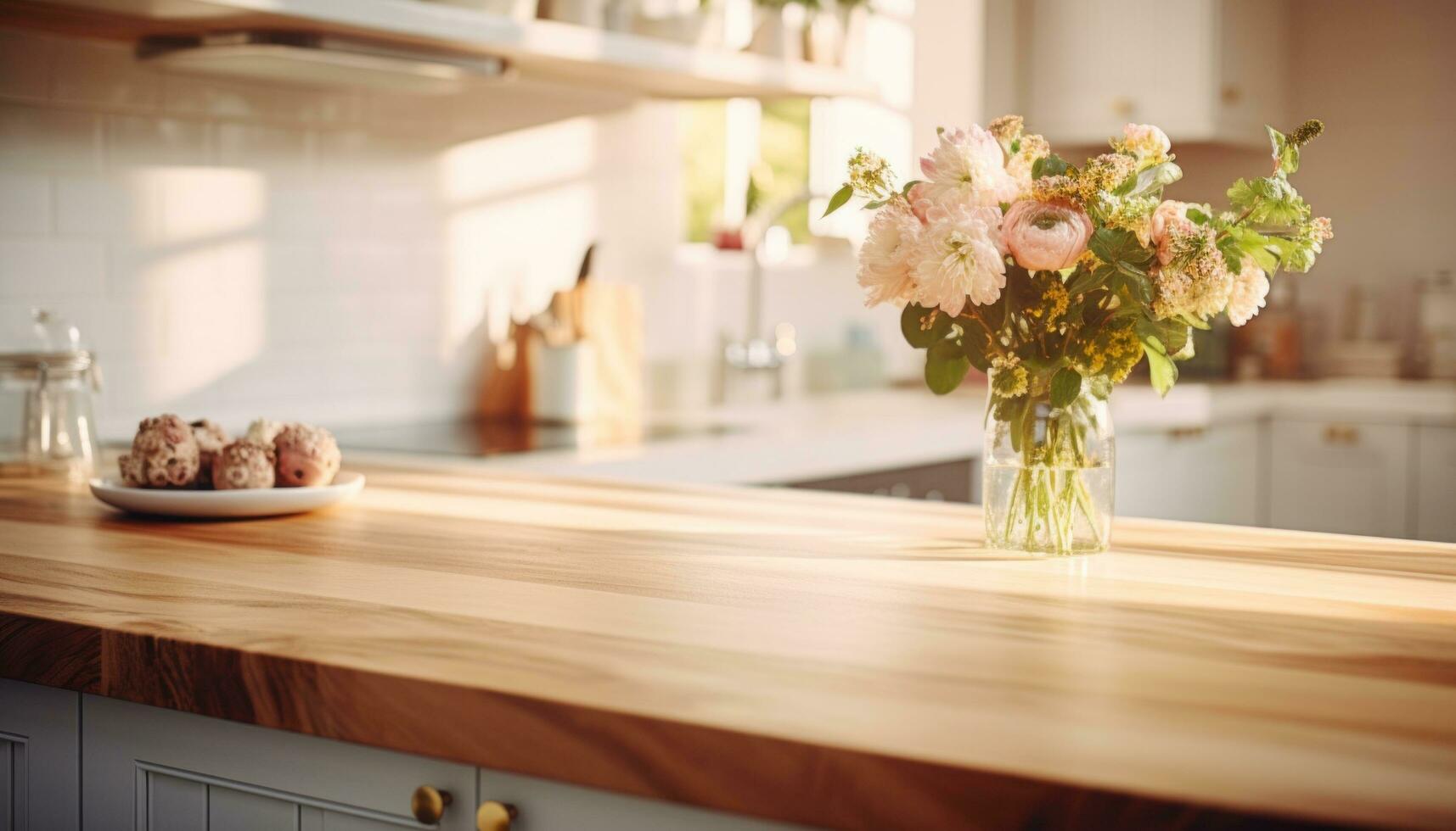 ai generado un elegante cocina con de madera mostrador tapas foto