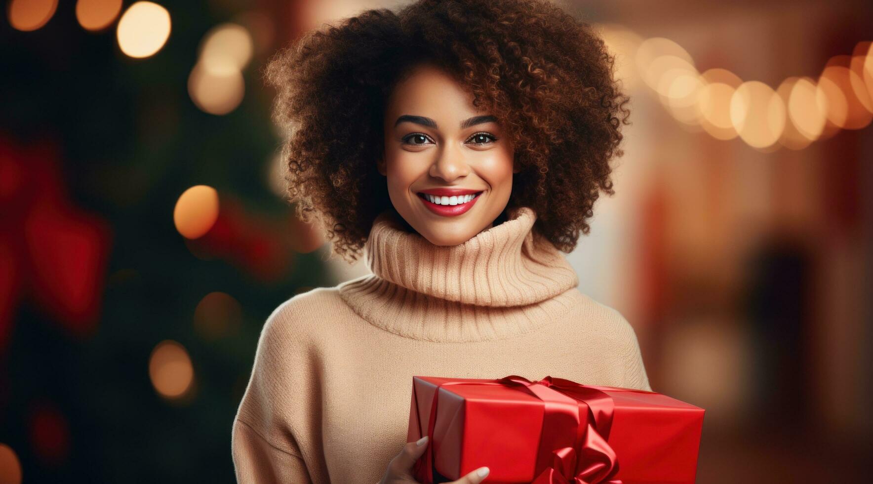 AI generated a woman carrying a red box photo