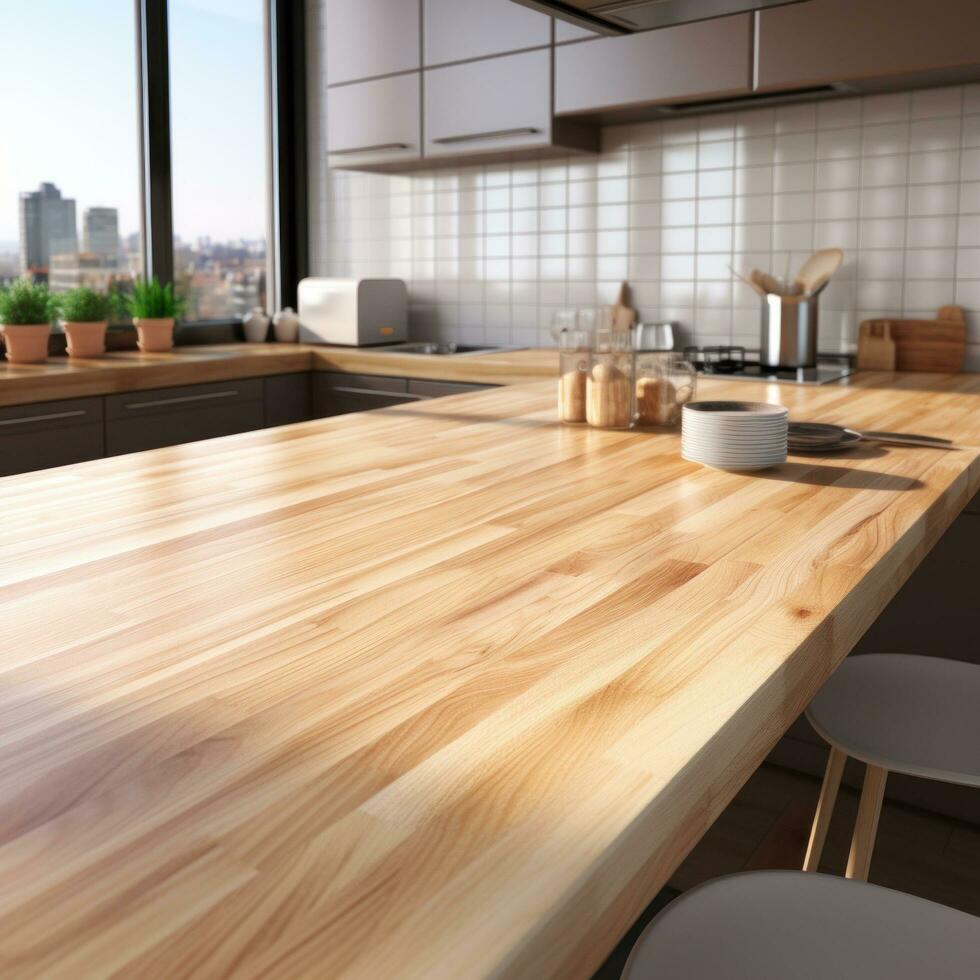 AI generated an image of a clean kitchen with a wooden counter photo