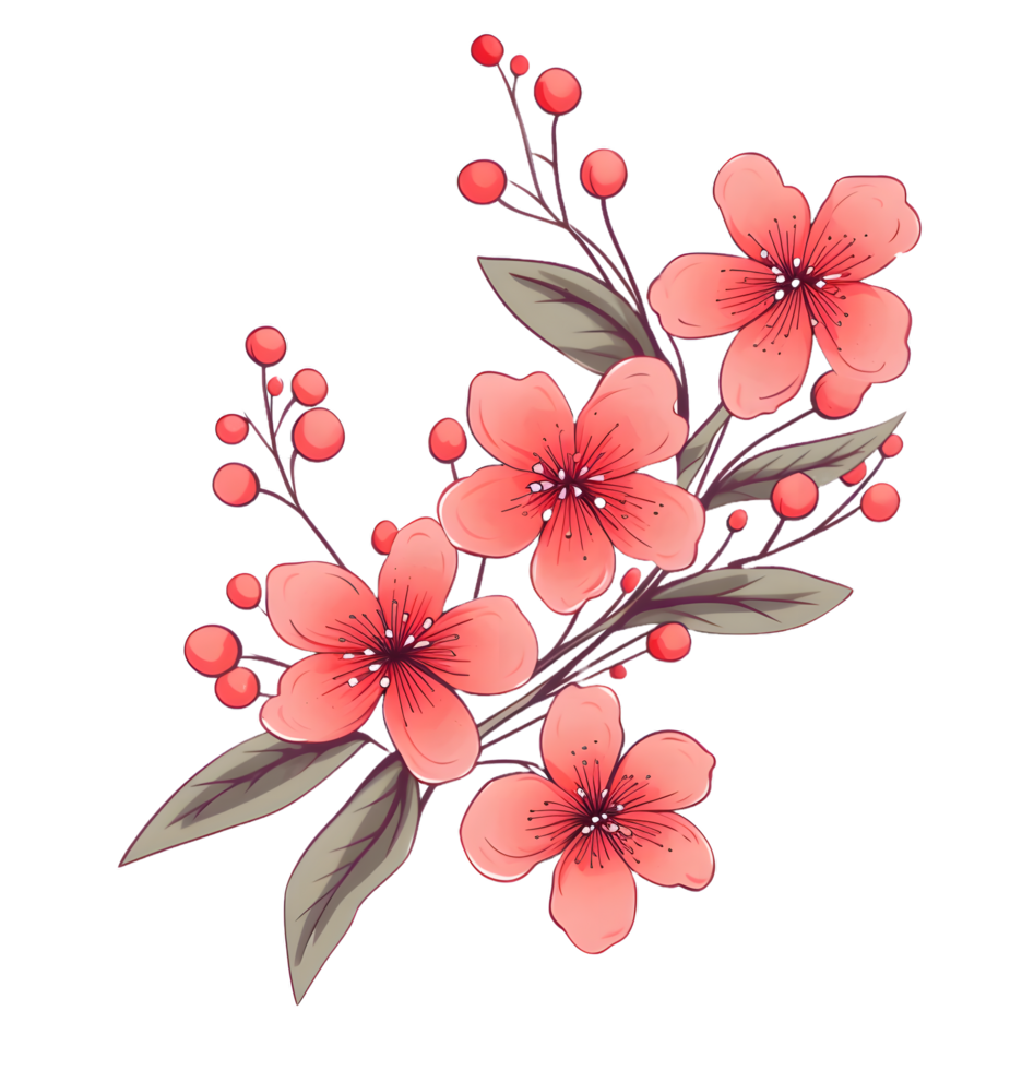 ai gerado desenhado à mão ramo com flores e folhas dentro uma retro charme estilo, luz vermelho e cinzento png