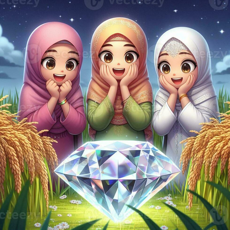 AI generated Muslim girls are shocked to see giant diamonds in the rice fields, AI generated. photo