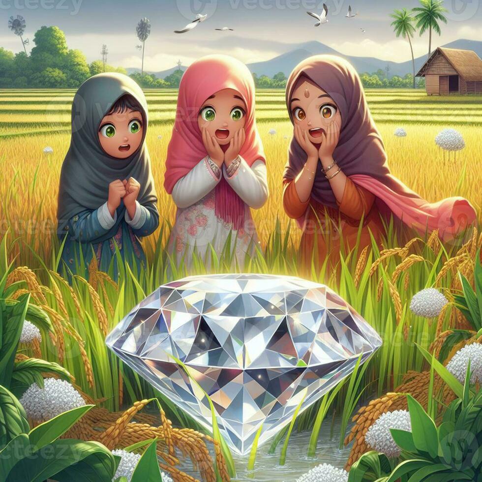 AI generated Muslim girls are shocked to see giant diamonds in the rice fields, AI generated. photo