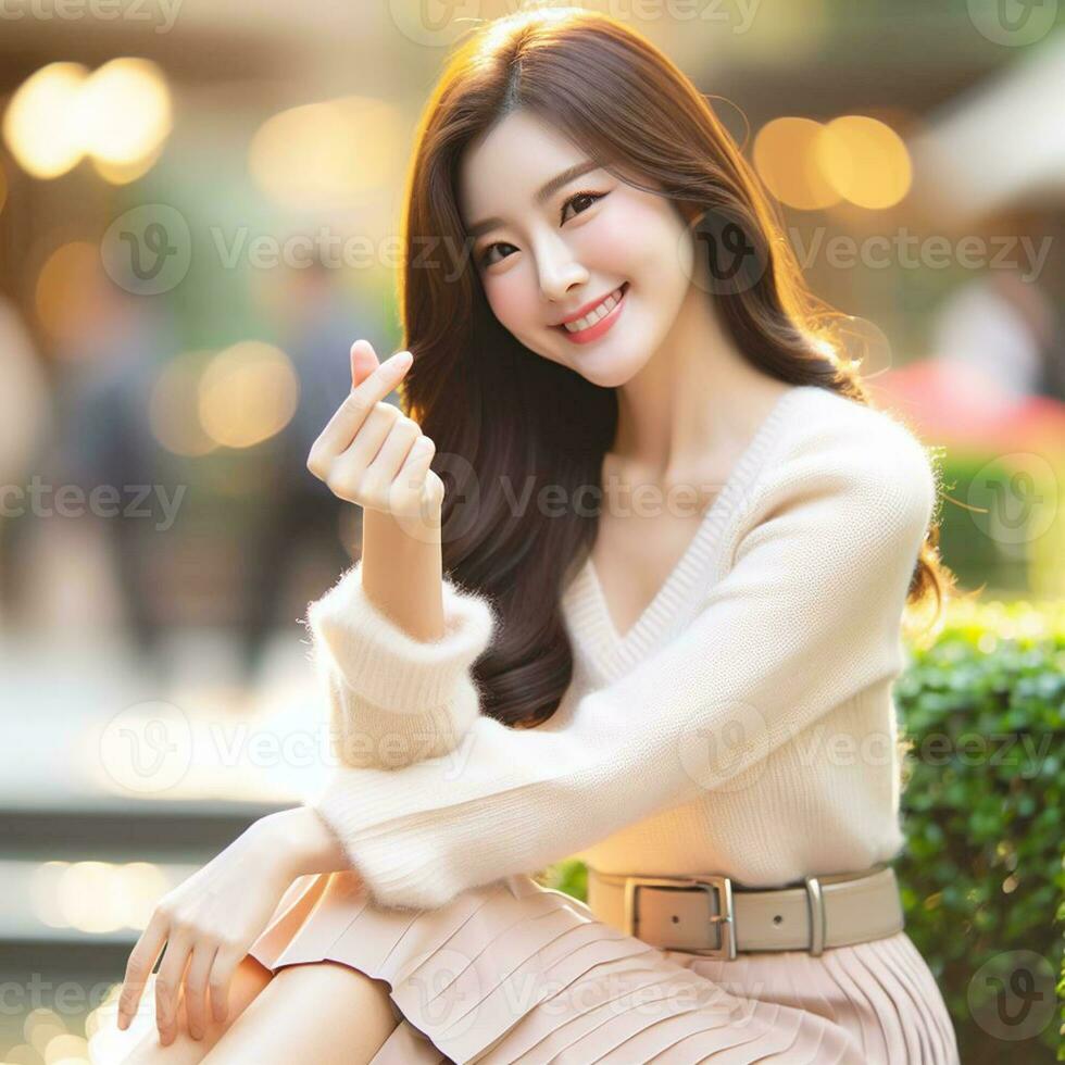 AI generated a female model poses showing a love symbol with her hands, blurred background. AI generated photo