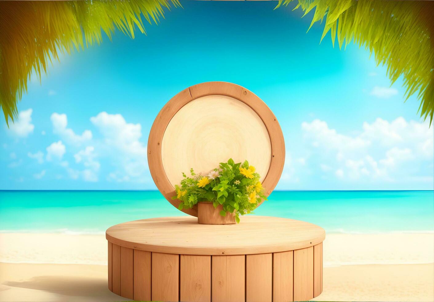 AI generated Round wooden podium with beach background, AI generated photo