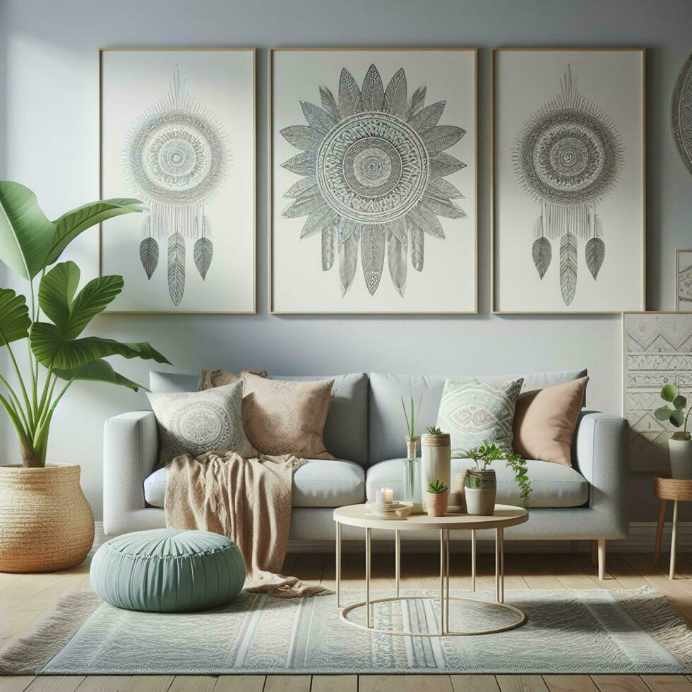 AI generated inspiration for a boho themed living room, AI generated. photo