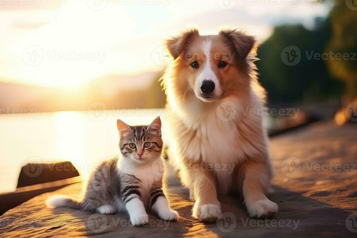 AI generated Cute kitty and puppy cudgeling together isolated .generative AI photo