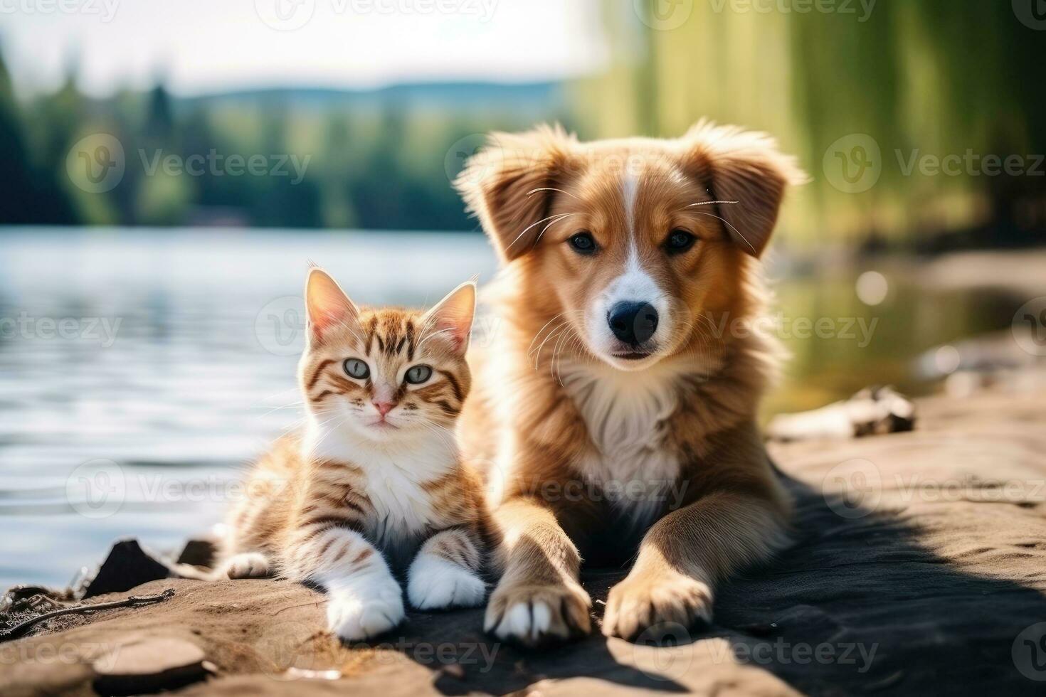 AI generated Cute kitty and puppy cudgeling together isolated .generative AI photo