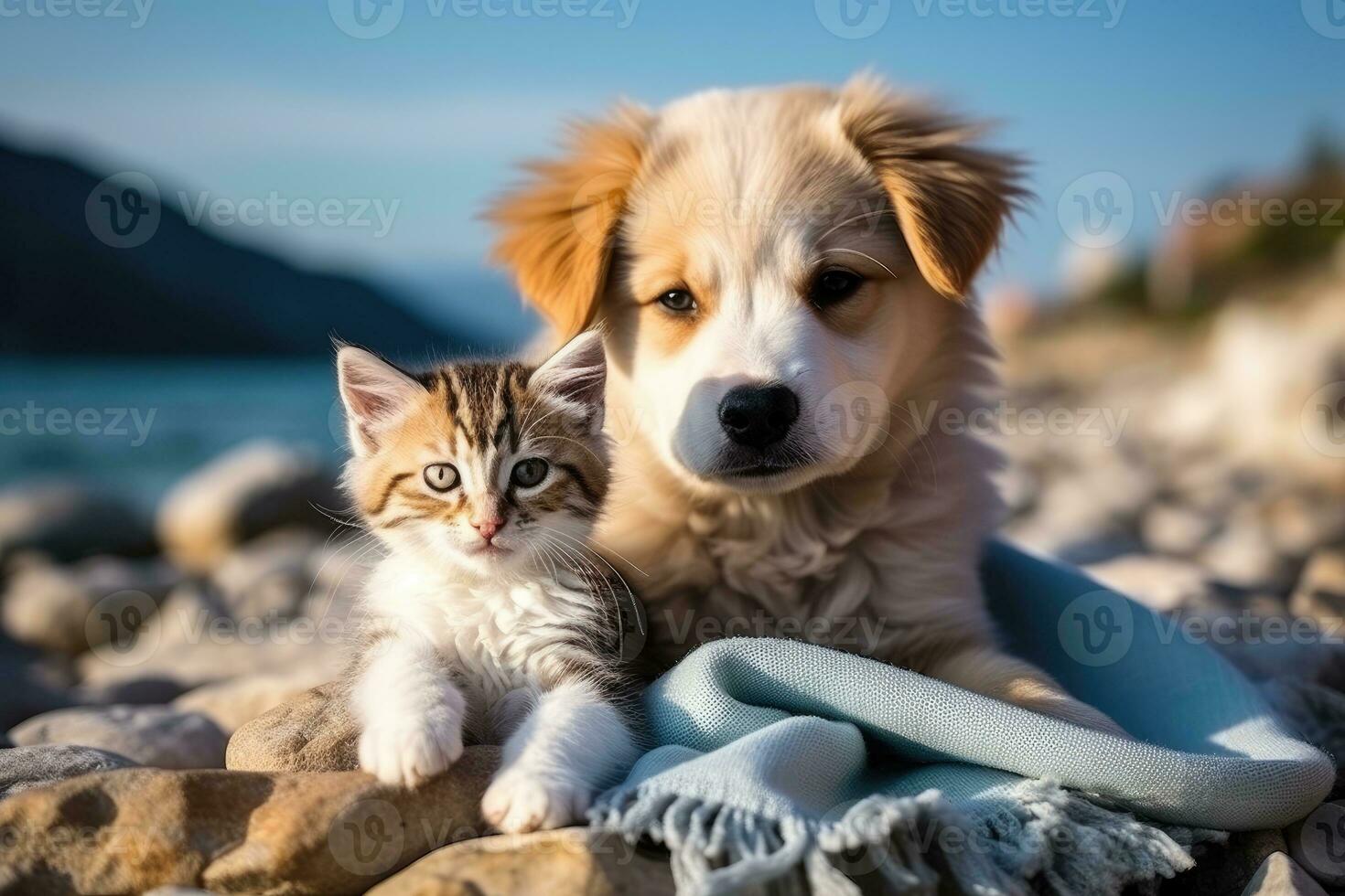 AI generated Cute kitty and puppy cudgeling together isolated .generative AI photo